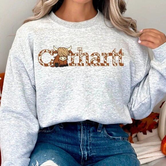 Carhartt Highland Cow NEW grey crewneck sweatshirt - Picture 1 of 1